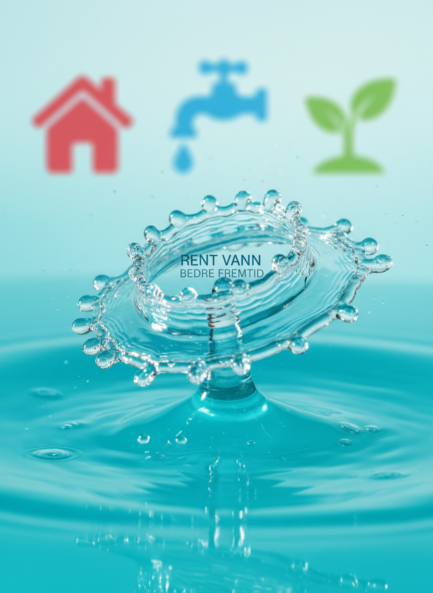 A crystal-clear droplet of water frozen mid-splash above a bright turquoise surface, forming playful crowns and rings that shimmer with tiny reflections. In the background, softly blurred outlines of simple, colorful icons suggest a house, a faucet, and a sprouting plant, symbolizing clean water for everyday life and the future. The scene is lit with fresh, diffused daylight from above, creating sparkling highlights on each droplet and gentle shadows beneath. Photographed at eye level with a shallow depth of field for a crisp, photographic realism. The mood is optimistic and energetic, with vibrant blues and aquas dominating the palette, capturing the joyful impact of providing rent vann and a better future for youth, without showing any people.