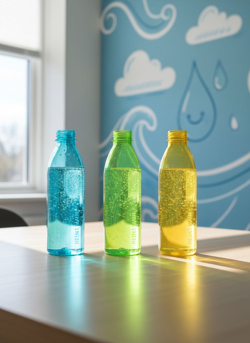 A row of translucent, reusable water bottles in vibrant shades of teal, lime green, and sunny yellow lined up on a smooth, light wood table. Each bottle is filled with perfectly clear rent vann, tiny bubbles clinging to the inner walls. Behind them, large, playful doodles of waves, clouds, and smiling droplets are painted on a soft blue wall, slightly out of focus. Soft window light enters from the left, casting long, gentle shadows and bright reflections on the bottles, emphasizing their clean surfaces. Shot from a slightly elevated angle in photographic realism, the composition follows the rule of thirds, creating a cheerful, modern scene that feels accessible, playful, and focused on sustainable clean water without human presence.