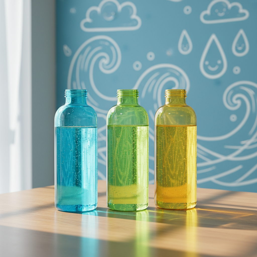 A row of translucent, reusable water bottles in vibrant shades of teal, lime green, and sunny yellow lined up on a smooth, light wood table. Each bottle is filled with perfectly clear rent vann, tiny bubbles clinging to the inner walls. Behind them, large, playful doodles of waves, clouds, and smiling droplets are painted on a soft blue wall, slightly out of focus. Soft window light enters from the left, casting long, gentle shadows and bright reflections on the bottles, emphasizing their clean surfaces. Shot from a slightly elevated angle in photographic realism, the composition follows the rule of thirds, creating a cheerful, modern scene that feels accessible, playful, and focused on sustainable clean water without human presence.