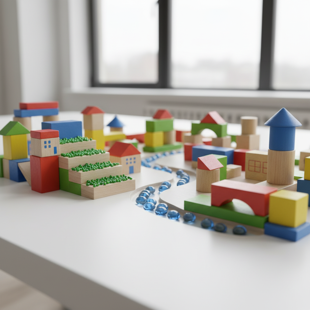 A cheerful, brightly colored miniature city made from simple wooden blocks painted in bold primary colors, with tiny blue glass marbles flowing through carved channels like rivers of rent vann. The marbles glisten as they curve past tiny model schools, gardens, and water towers. The scene sits on a smooth white tabletop in a clean, modern room. Overhead diffused daylight creates even, soft lighting with minimal shadows, giving the set a playful, almost magical feel. Captured from a low, childlike eye-level perspective with a sharp foreground and gentle background blur, the photographic image feels whimsical yet meaningful, symbolizing how clean water shapes a better future for youth, without including any people.