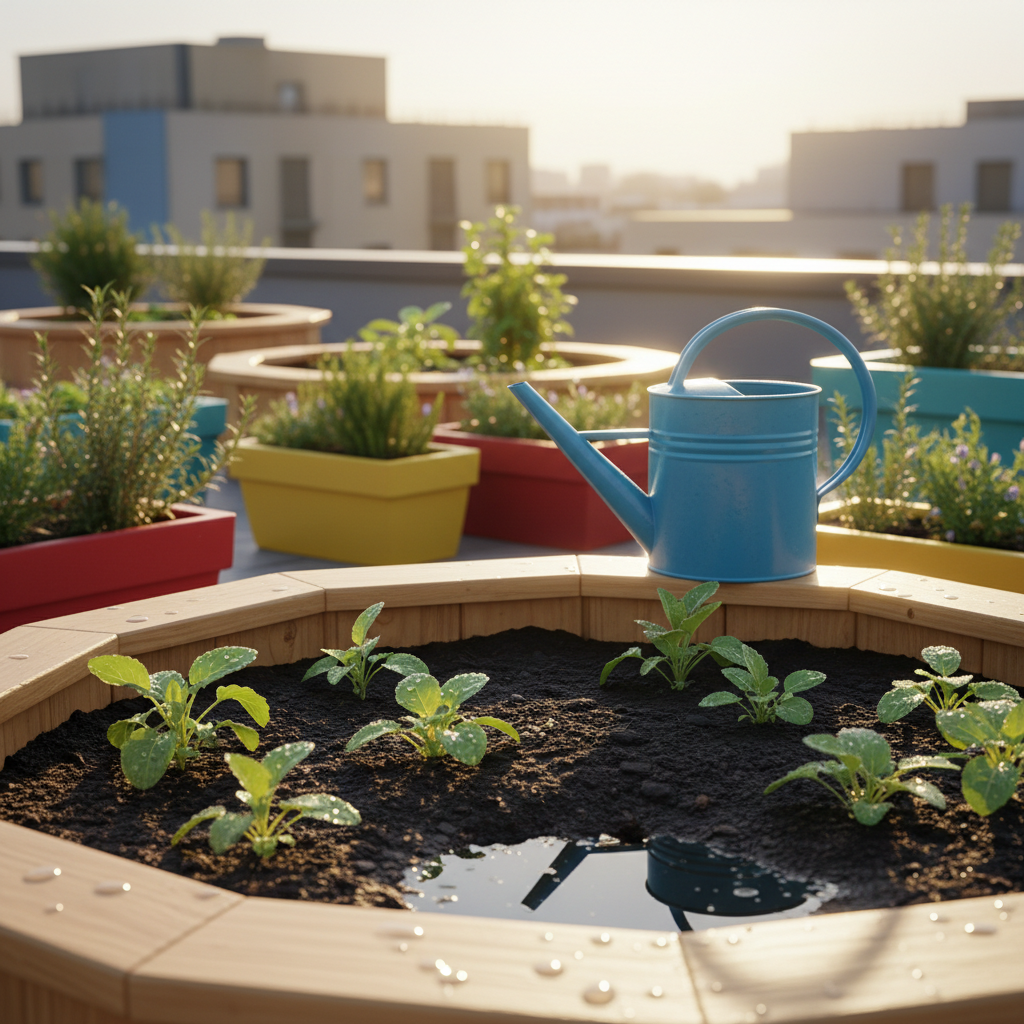 A small, circular, raised garden bed constructed from smooth, light wood planks, filled with rich, dark soil and neatly arranged young green plants glistening with fresh droplets of rent vann. A simple, bright blue watering can rests on the edge of the bed, a small puddle of spilled water catching the soft afternoon sunlight. The garden is set on a rooftop terrace with low, colorful planters and simple geometric shapes suggesting buildings in the distance, softly out of focus. Captured from a three-quarter angle with moderate depth of field in photographic realism, the lighting is warm yet gentle, creating a playful, hopeful atmosphere that connects clean water to growth and a better future, all without any people present.
