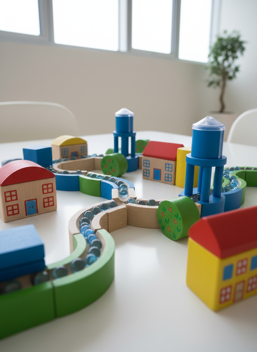 A cheerful, brightly colored miniature city made from simple wooden blocks painted in bold primary colors, with tiny blue glass marbles flowing through carved channels like rivers of rent vann. The marbles glisten as they curve past tiny model schools, gardens, and water towers. The scene sits on a smooth white tabletop in a clean, modern room. Overhead diffused daylight creates even, soft lighting with minimal shadows, giving the set a playful, almost magical feel. Captured from a low, childlike eye-level perspective with a sharp foreground and gentle background blur, the photographic image feels whimsical yet meaningful, symbolizing how clean water shapes a better future for youth, without including any people.