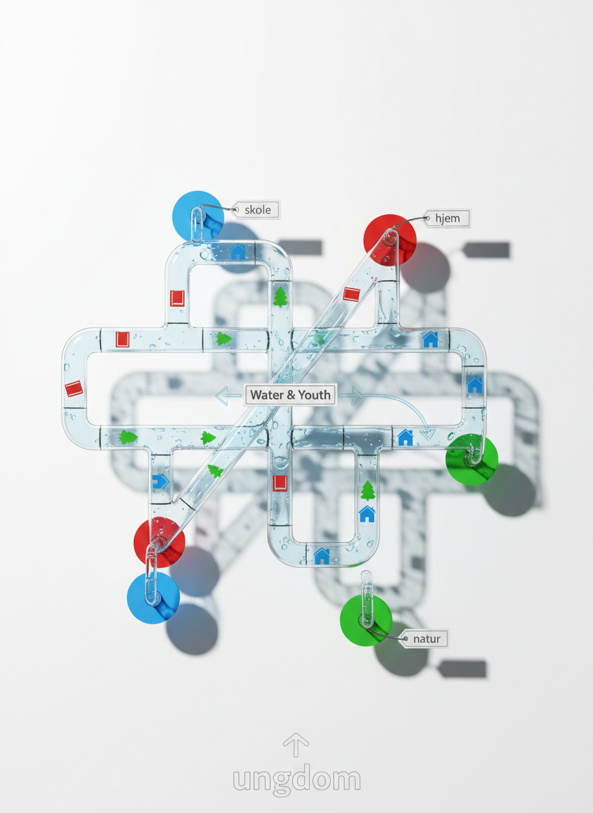 An abstract, playful infographic-style scene where multiple transparent glass pipes, filled with flowing rent vann tinted with subtle blue hues, weave across a clean white background. Along the pipes, small, colorful icons of books, trees, and simple houses are embedded inside the glass, clearly visible and sharply detailed. The pipes branch toward labeled, brightly colored destinations like “skole”, “hjem”, and “natur”, etched in Norwegian on tiny digital-style tags. Bright, even studio lighting creates crisp reflections on the glass and vivid contrast, maintaining a clean, modern photographic look. Shot from directly above, the composition feels organized yet fun, representing how support for Water & Youth channels clean water into better opportunities for ungdom, without showing any people.